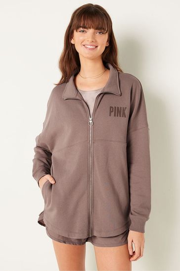 Victoria's Secret PINK Iced Coffee Brown Fleece Oversized Zip Up Sweatshirt
