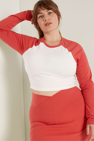 Victoria's Secret PINK Red and White Long Sleeve Crop T-Shirt