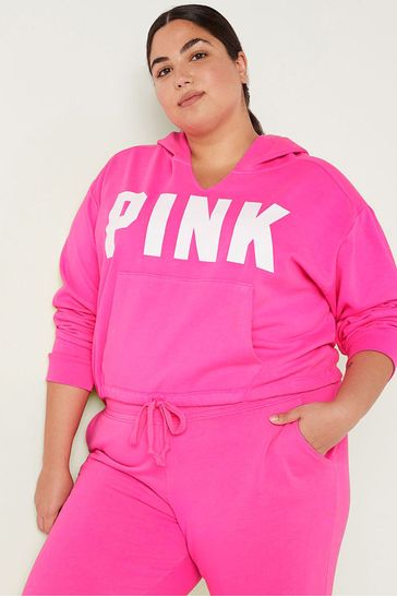 Victoria's Secret PINK Atomic Pink Logo Fleece Crop Long Sleeve Hoodie
