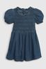 Blue Puff Sleeve Smocked Denim Dress with Washwell