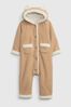 Brown Sherpa Lined Button-Up Baby Pramsuit