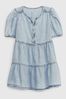 Blue Tiered Denim Short Sleeve Round Neck Dress