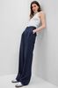 Navy Blue Linen Blend Pleated Trousers