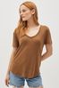 Brown Linen Blend Scoop Neck Short Sleeve T-Shirt