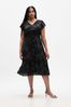 Black Smocked Print Flutter Sleeve Midi Dress