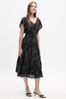 Black Smocked Print Flutter Sleeve Midi Dress