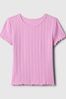 Pink Floral Print Pointelle Short Sleeve Crew Neck Top (4-13yrs)