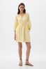 Yellow Linen Cotton Long Sleeve Shirred Waist Mini Dress