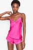 Victoria's Secret Fluorescent Pink Satin Lace Up Back Cami Set