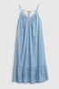 Light Blue Organic Cotton Denim Strappy Ruffle Hem Maxi Dress