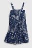 Blue Linen-Cotton Bandana Print Tiered Dress