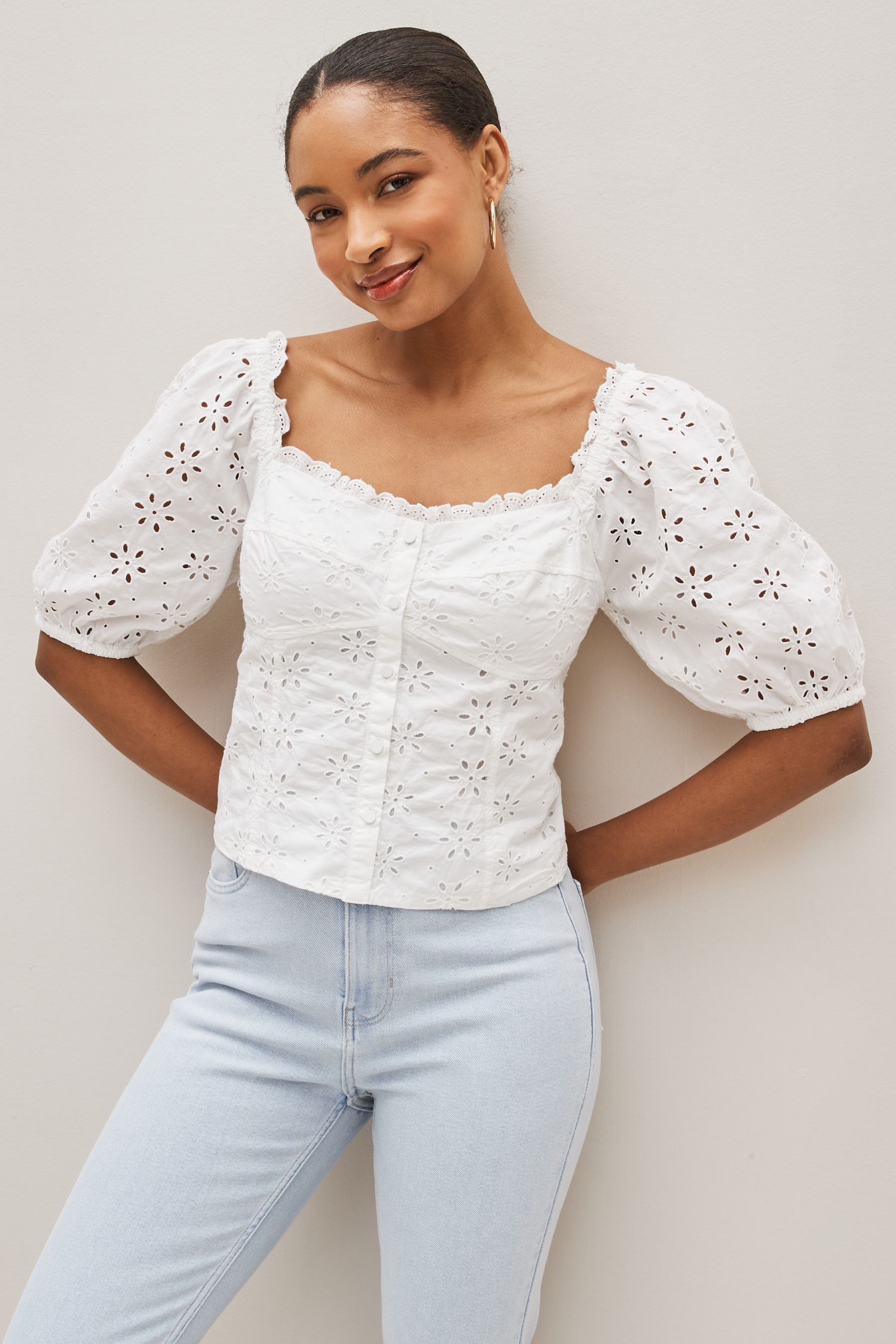 Buy Gap Broderie Square Neck Puff Sleeve Blouse from the Gap online shop
