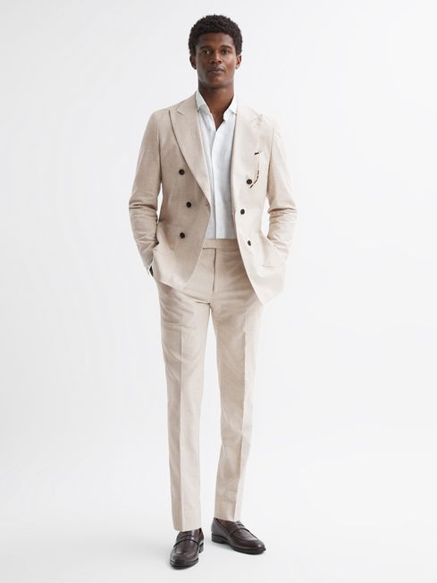 Reiss Craft Slim Fit Cotton-Linen Check Adjustable Trousers - REISS