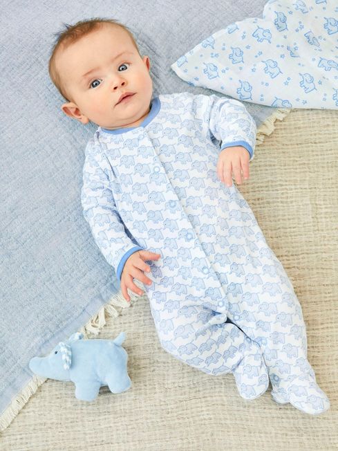 JoJo Maman Bébé Blue Little Elephant Cotton Baby Sleepsuit