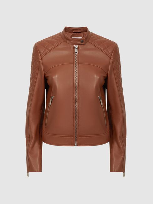 Reiss Tan Adelaide Leather Collarless Quilted Jacket