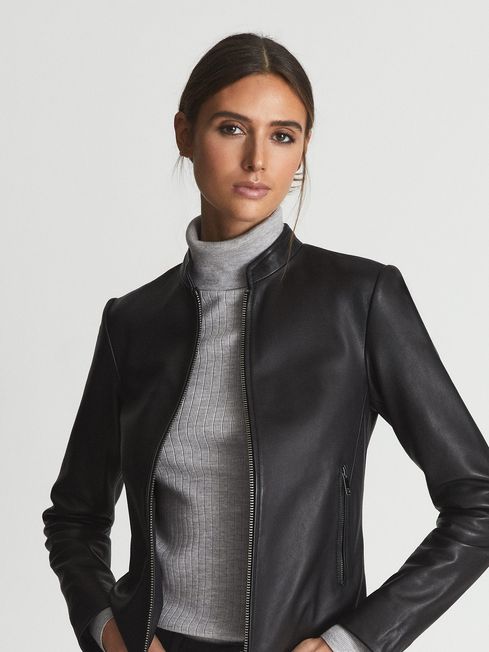 collarless real leather jacket