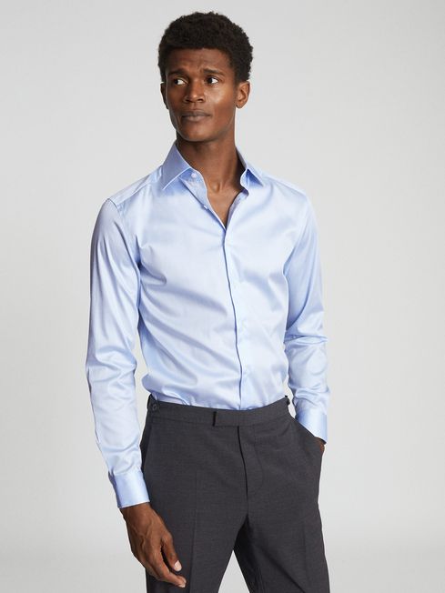 Reiss Soft Blue Frontier Cotton Satin Stretch Slim Fit Shirt