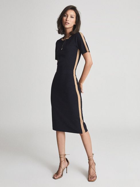 Reiss Navy Camel Rosie Knitted Bodycon Midi Dress