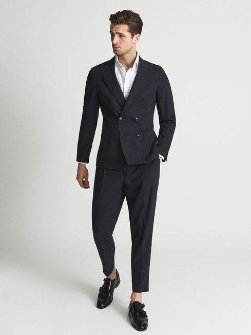 Reiss Navy Melange Shade Linen Blend Pleated Trousers