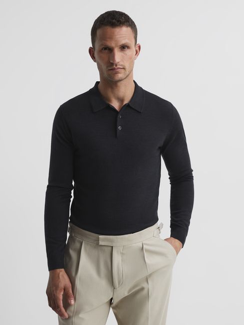 Reiss Slate Trafford Merino Wool Polo Shirt