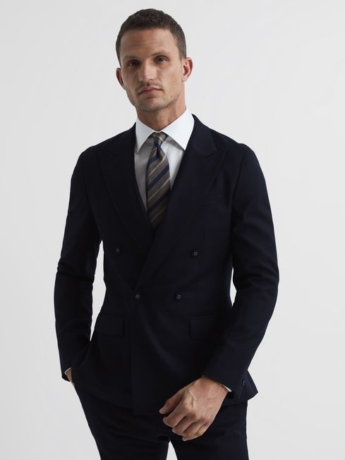 Reiss Belford Navy Double Breasted Wool Blend Blazer REISS