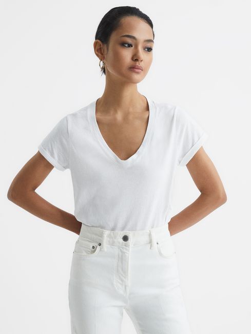 Reiss White Luana Cotton Jersey V-Neck T-Shirt