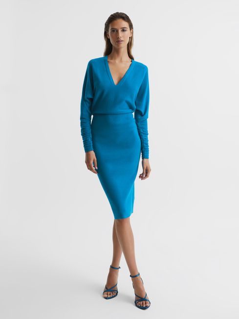 Reiss Blue Jenna Wool Blend Ruched Sleeve Midi Dress