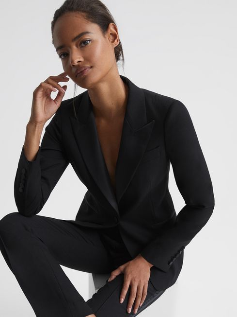Reiss Black Sofia Tailored Fit Wool Blend Tuxedo Blazer