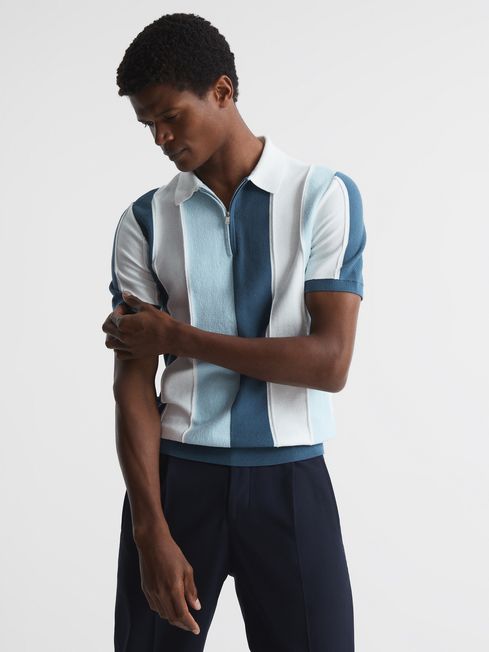 Reiss Herald Half Zip Textured Stripe Polo T-Shirt - REISS