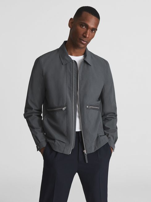 Reiss Slate Grey Fival Textured Harrington Jacket