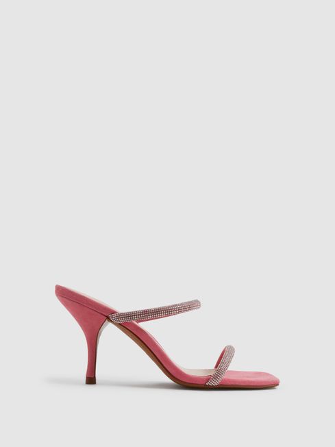 Reiss Pale Pink Cai Crystal Mid Heel Sandals