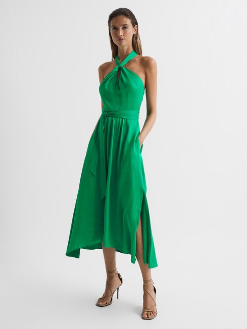 Reiss Green Evvie Halter Midi Occasion Dress