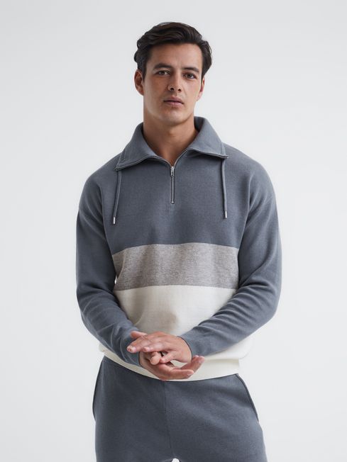 Reiss Airforce Blue Sabre Half Zip Funnel Neck Colourblock Jumper