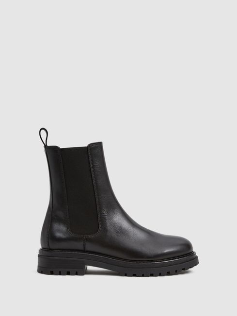 Reiss Black Thea Boots Leather Pull On Chelsea Boots - REISS