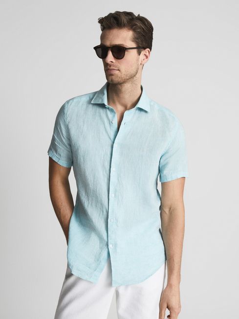 Reiss Aquamarine Holiday Slim Fit Linen Button-Through Shirt