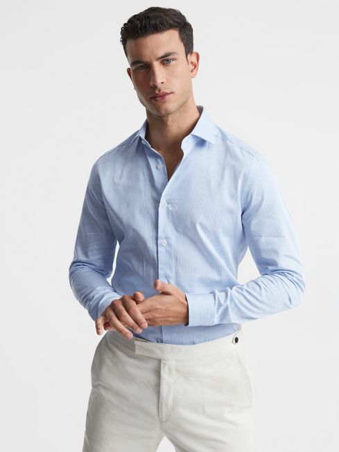 Reiss Blue Stripe Remote Bengal Slim Fit Cotton Satin Striped Cutaway Collar Shirt