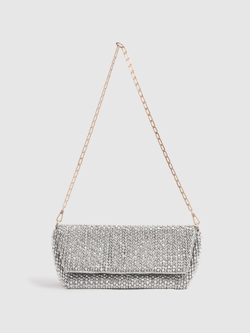 Reiss Silver Astrid Bead Embellished Chain Strap Clutch