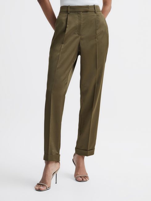 Reiss Green Cici Satin Taper Trousers