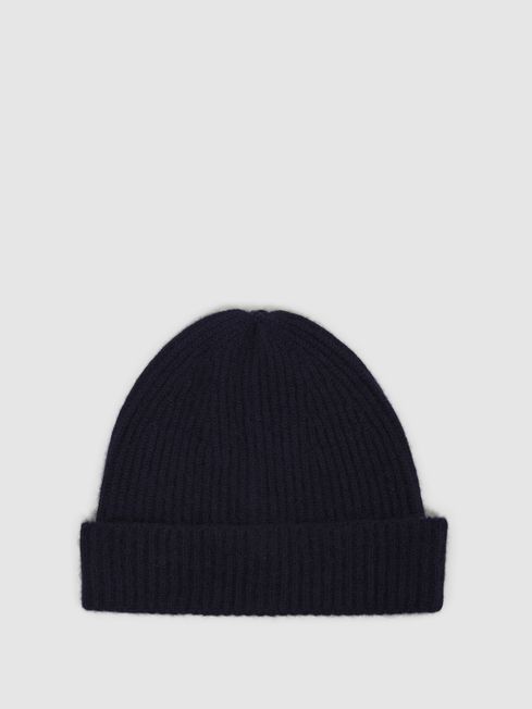 Reiss Navy Cara Cashmere Ribbed Beanie Hat