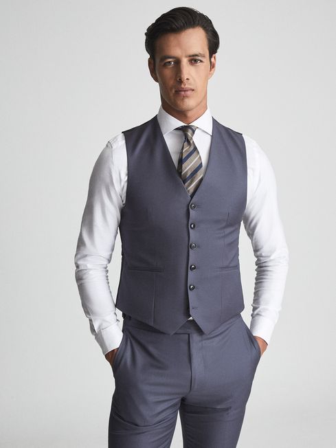 Reiss Airforce Blue Hiked Horse Shoe Wool Slim Fit Waistcoat
