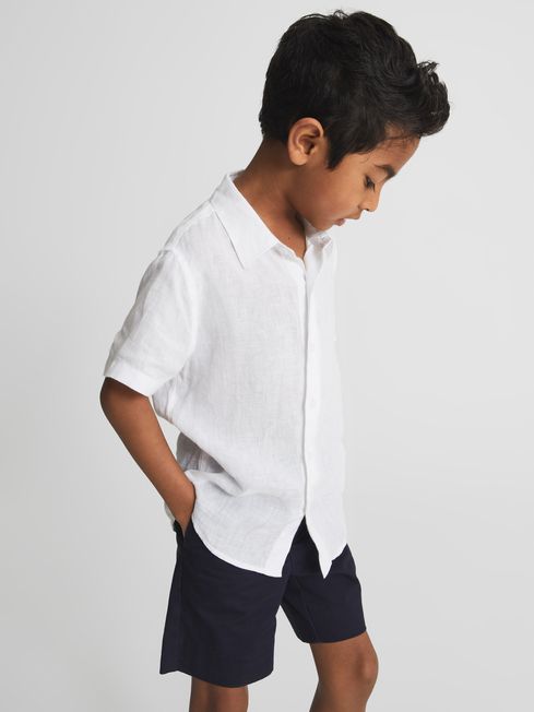 Reiss White Holiday Short Sleeve Linen Shirt