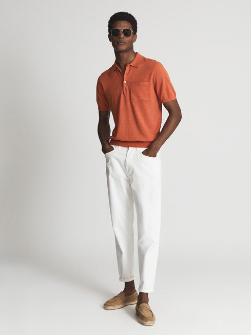 Reiss Burnt Orange Ralphy Buttoned Linen Polo Shirt
