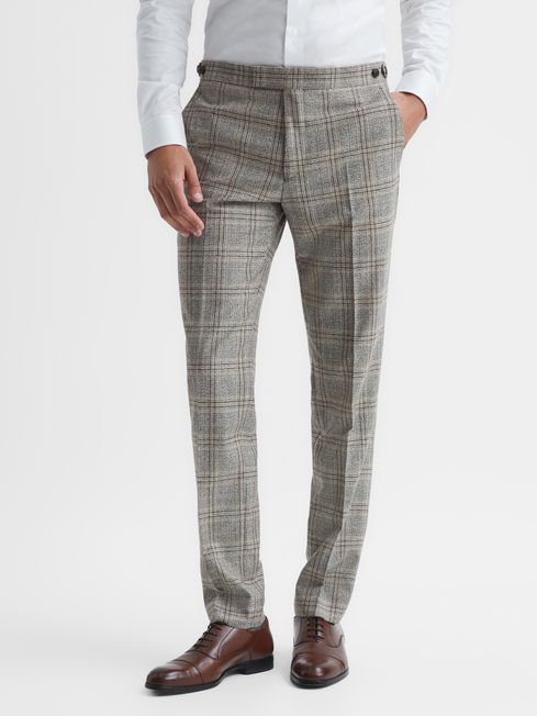 Reiss Oatmeal Rowhill Wool Blend Checked Trousers