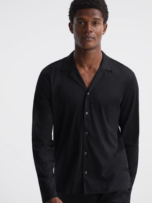 Reiss Black Mint Long Staple Cotton Cuban Collar Shirt