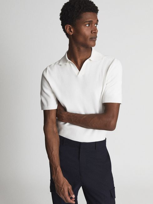 Reiss White Cumbria Texture Open Collar Knitted Polo