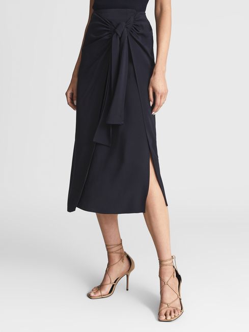 Reiss Navy Alison Tie Waist Midi Pencil Skirt
