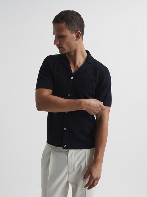 Reiss Navy Jacob Cuban Collar Stitch Interest Polo Shirts