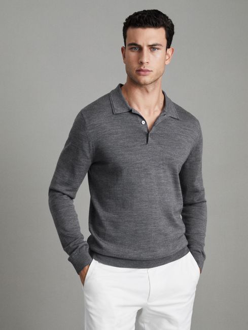 Reiss Mid Grey Melange Trafford Merino Wool Polo Shirt