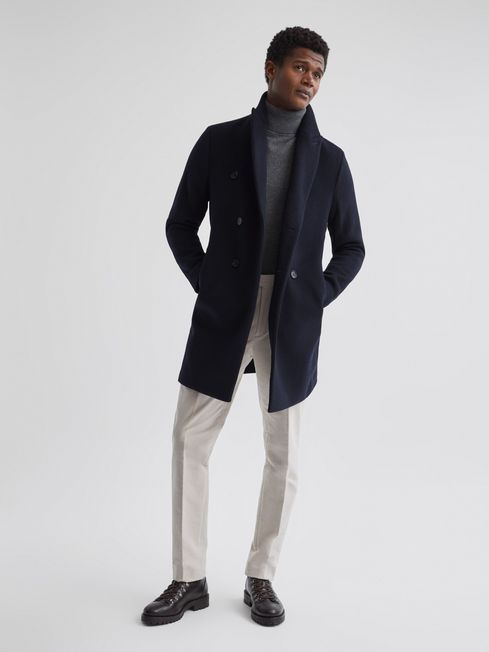 Reiss Navy Glory Double Breasted Wool Blend Overcoat