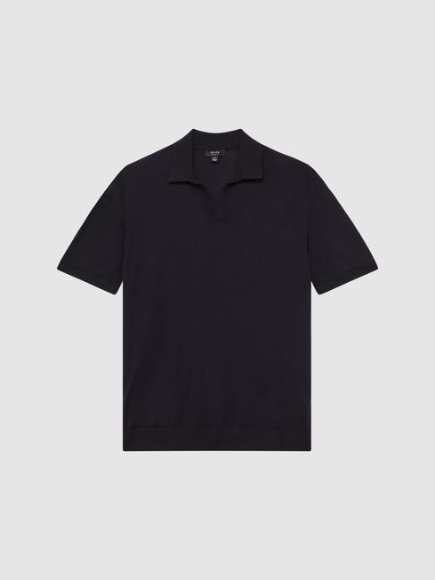 Reiss Navy Malbec Open Collar Silk Merino Polo Shirt